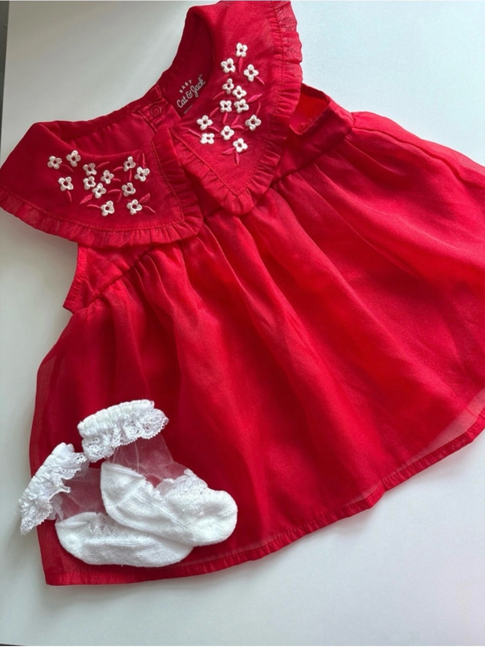 Cat & Jack Red Floral Embroidered Baby Dress with White Socks